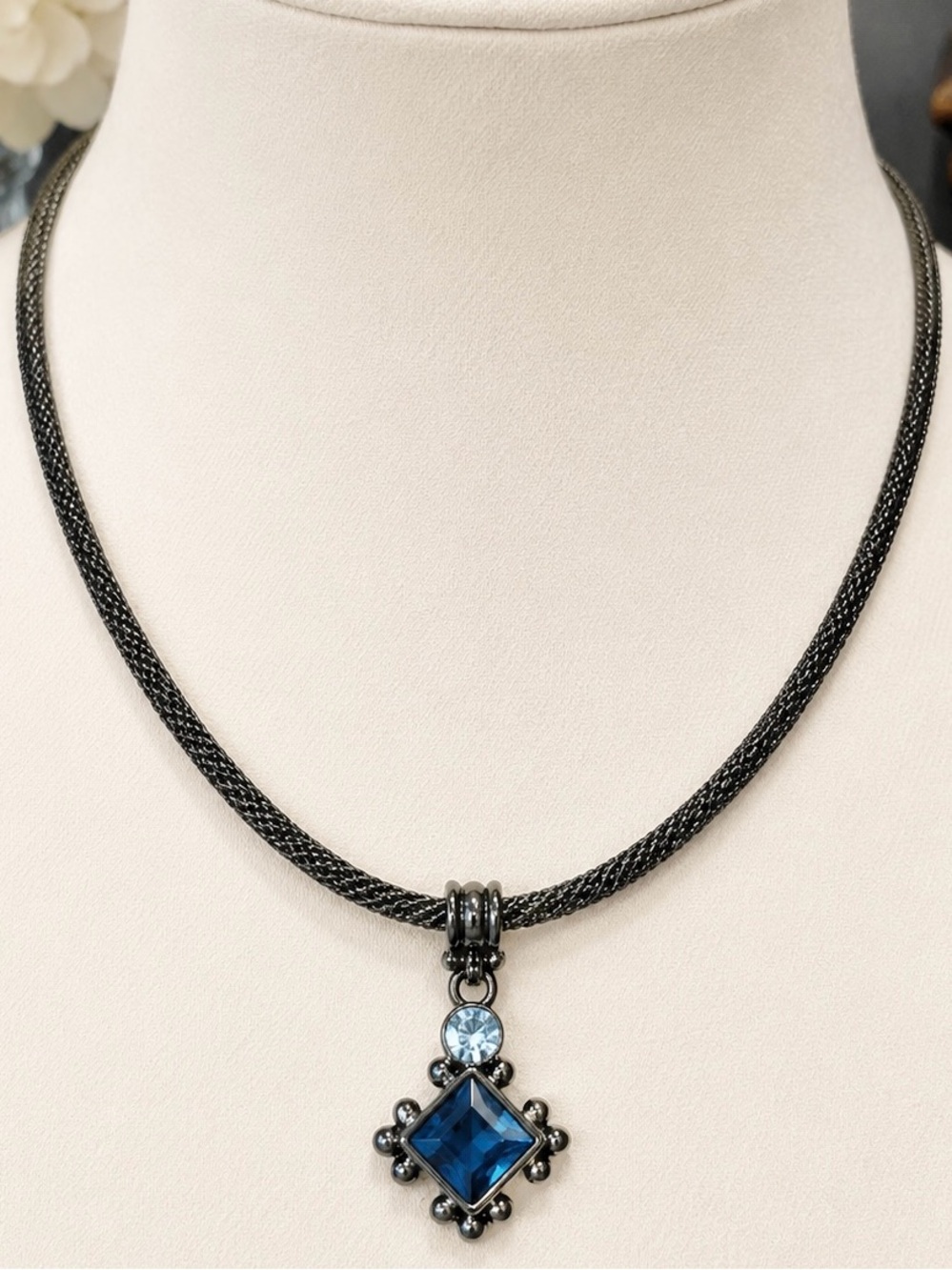 Black Gunmetal Mesh Collar Necklace Blue Crystal Pendant Statement Necklace